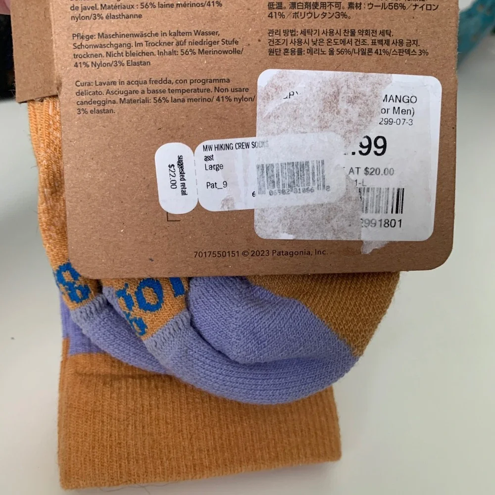 Patagonia Merino Wool Crew Socks Mango Orange Purple Hiking Large NEW Irregular